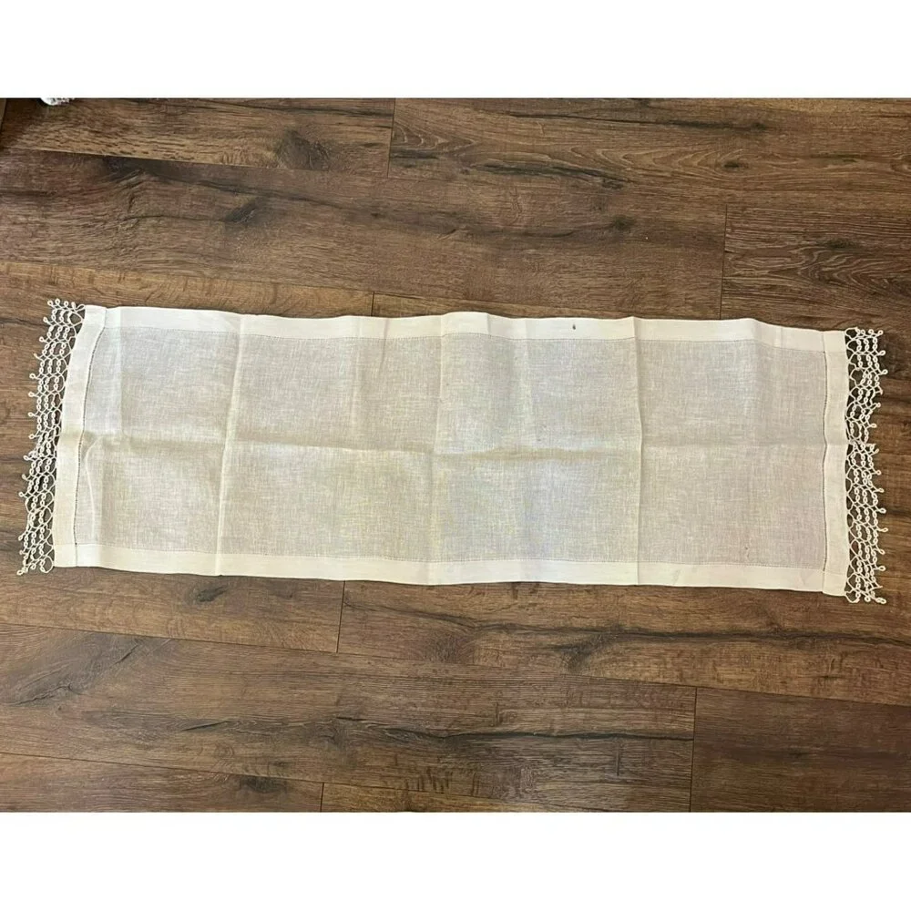 Vintage Linen Table Runner Beige Crochet Edge 53